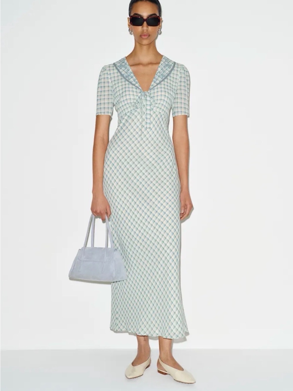 Reformation Light Blue Check Maxi Dress